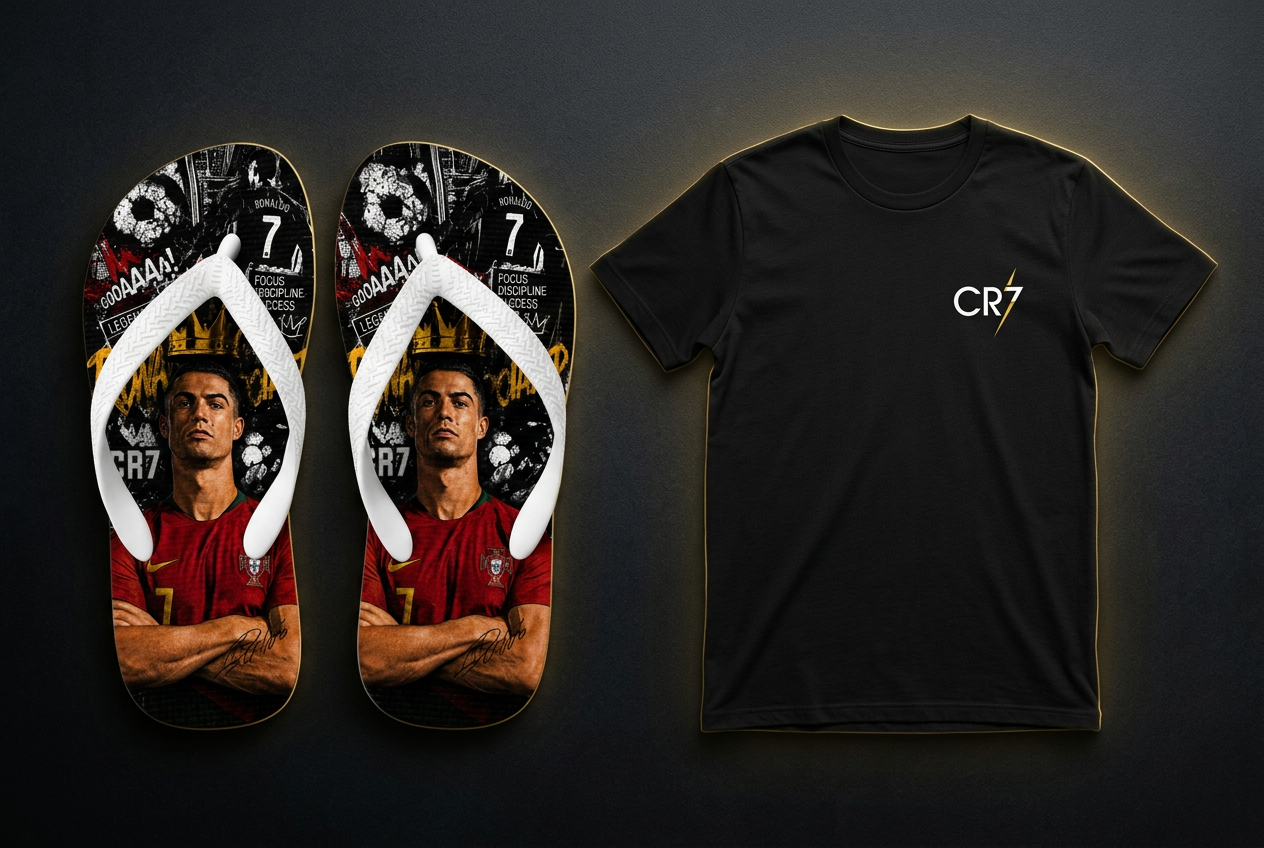 Combo CR7 preto: chinelo e camiseta em destaque premium